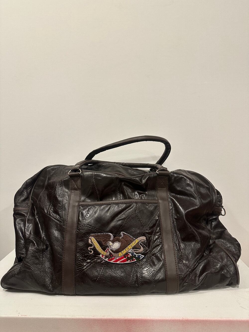 Vintage Brown Faux Leather God Bless America Embroidered Patch Duffle Bag